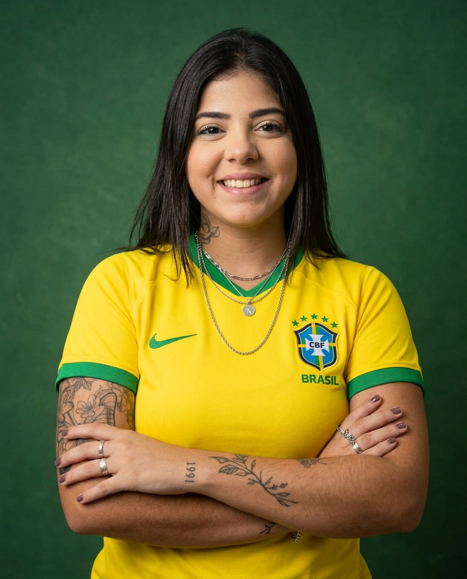 Mulher sorrindo, com a camisa da Seleção Brasileira de Futebol, modelo Feminino, com braços cruzados, olhando para câmera.
