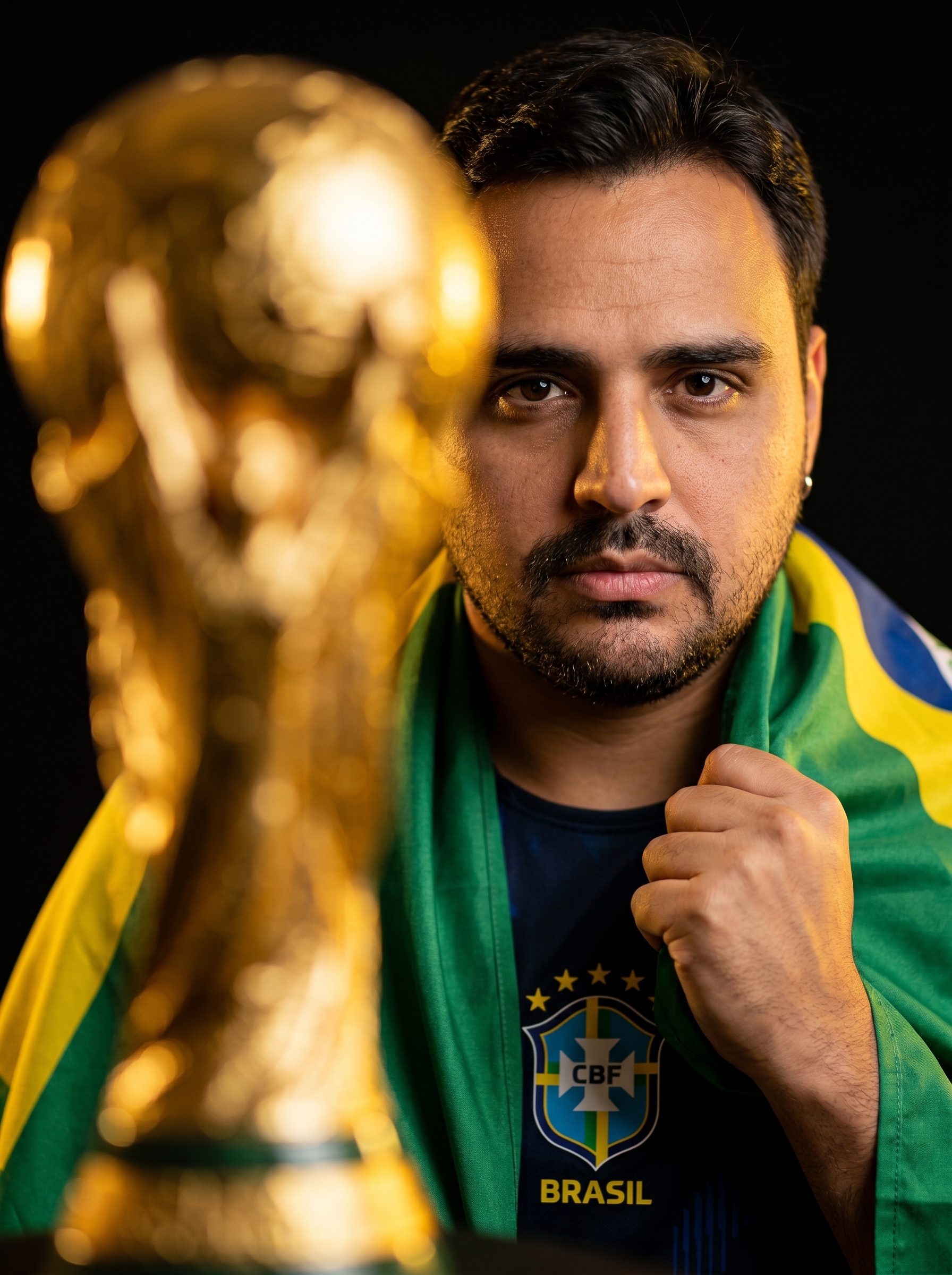 Retrato frontal de pessoa com camisa do Brasil e bandeira, olhar intenso e direto para a câmera, com a taça da Copa do Mundo fortemente desfocada e brilhante no primeiro plano.