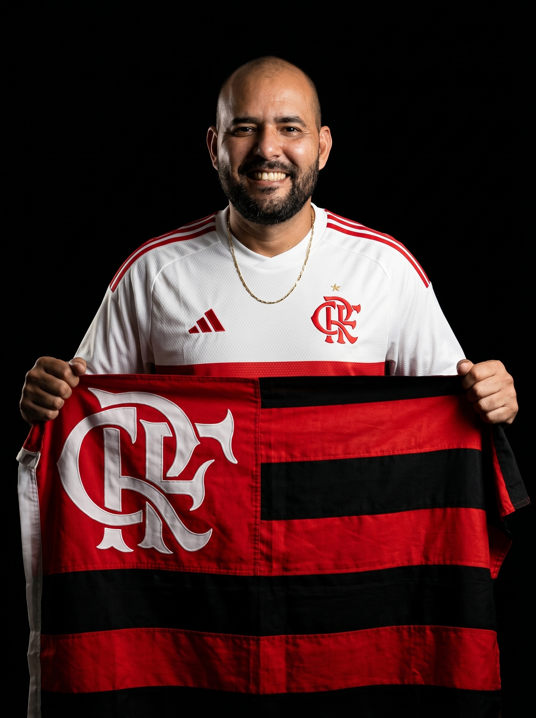 Homem segura a bandeira do clube na frente.