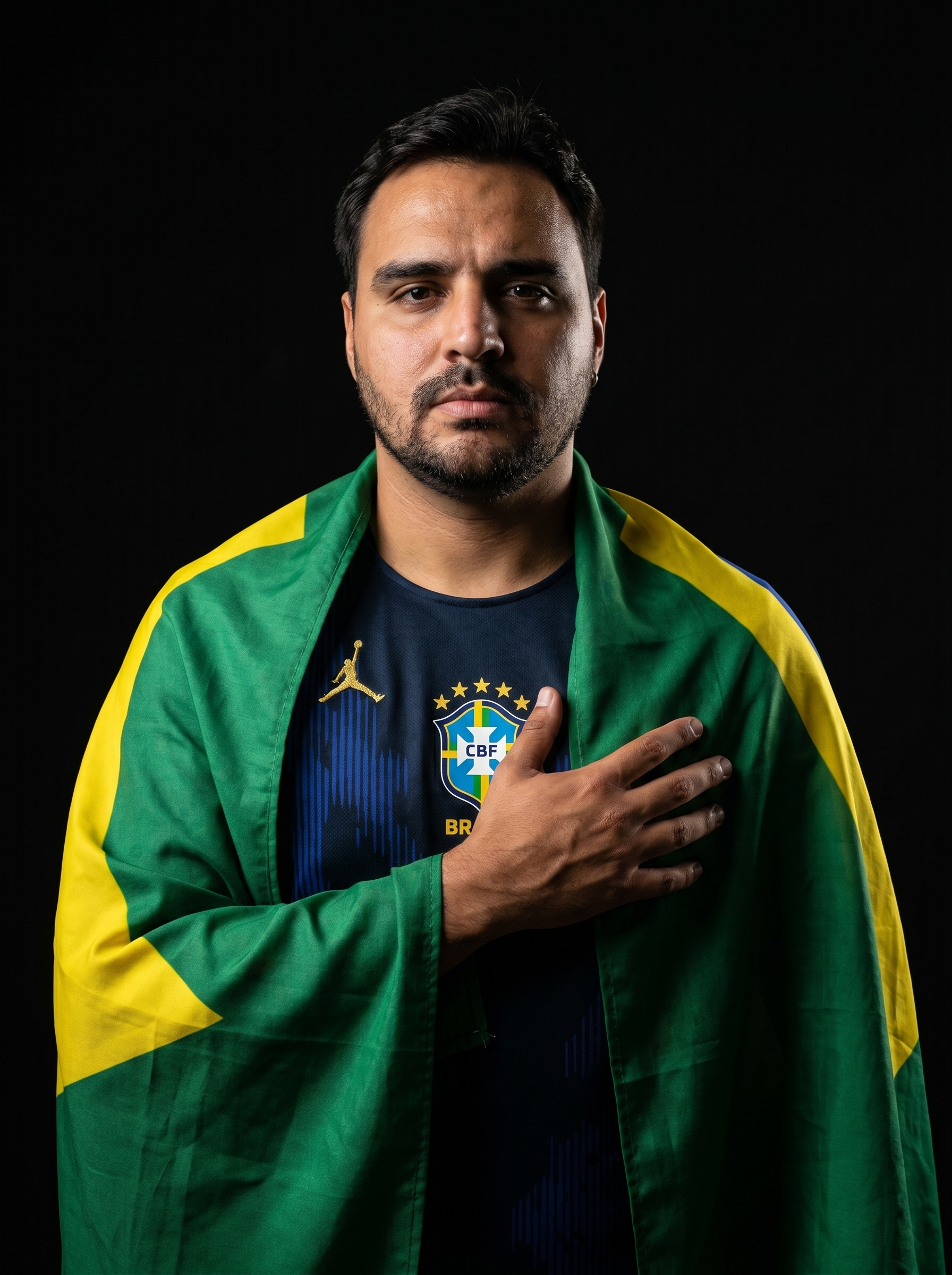 Homem com camisa da Seleção Brasileira de Futebol Masculino modelo Jordan, bandeira do Brasil nas costas, com a mão no peito na posição do Hino Nacional.