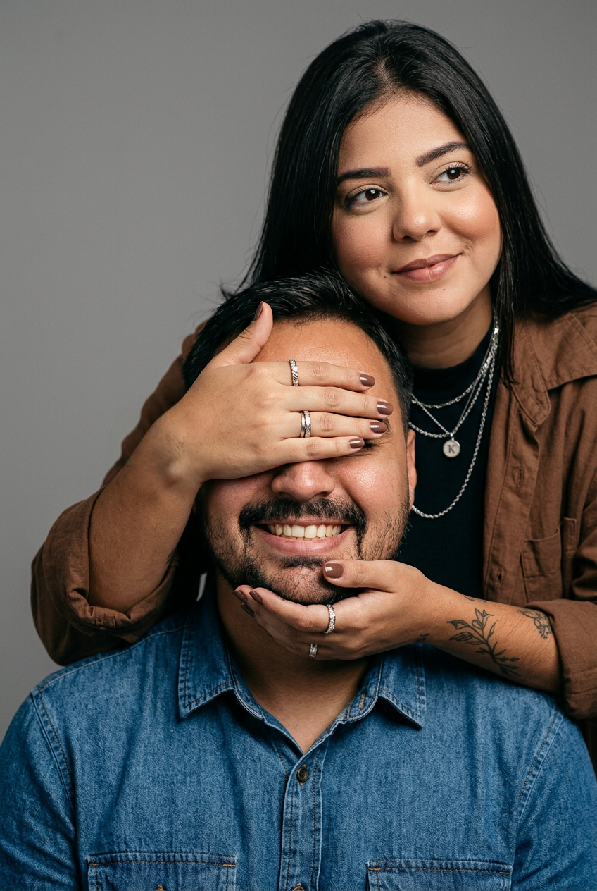 Casal em ensaio fotográfico, mulher tapa olhos do homem.